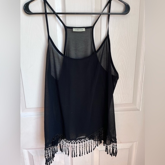 Ambiance Tops - Black Sheer Tank Top with Fringe